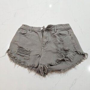 PacSun High Rise Festival Booty Shorts Distressed Green Khaki Gray Denim Sz 25